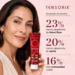 Mujer sonriente sostiene un tubo rojo de 30 gramos de crema tensorix que reduce bolsas, ojeras y líneas finas con datos de eficacia visibles.