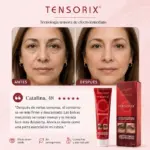 Crema contorno de ojos Tensorix de 30 g en tubo rojo con caja, reduciendo arrugas y bolsas según el antes y después de una mujer.