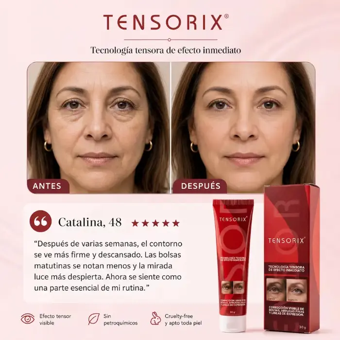 Crema contorno de ojos Tensorix de 30 g en tubo rojo con caja, reduciendo arrugas y bolsas según el antes y después de una mujer.