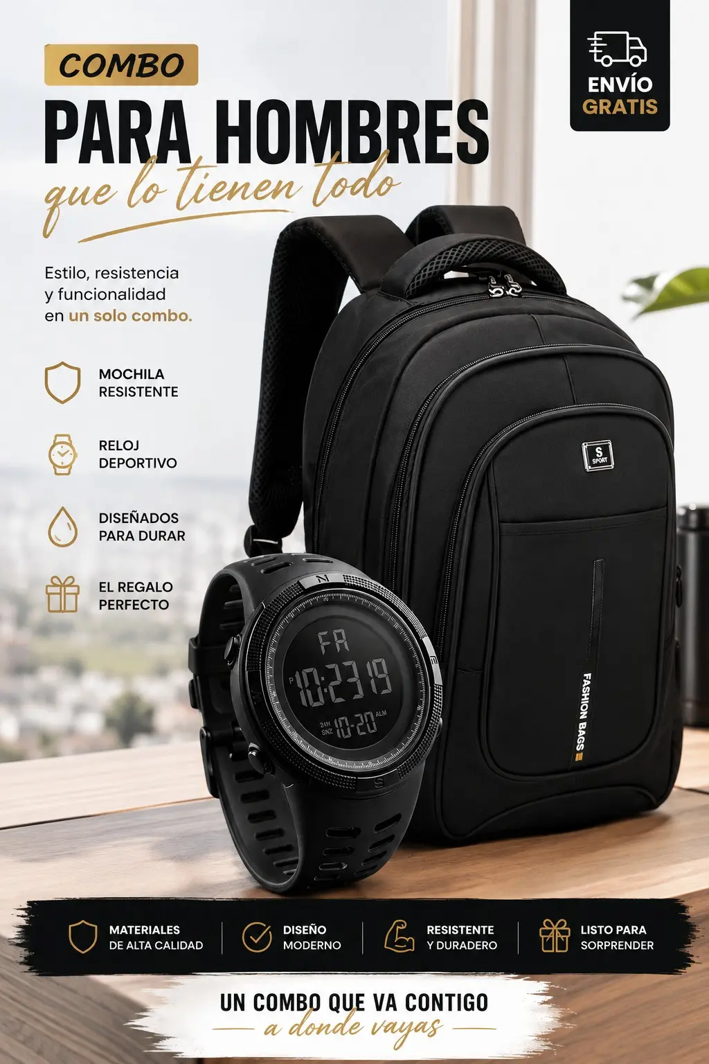 Set combo de mochila escolar y de viaje negra de diseño moderno junto a un reloj deportivo digital con correa de silicona, colocado sobre una superficie de madera.