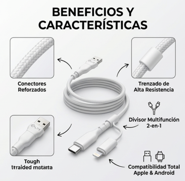 Cable cargador múltiple de carga rápida con conectores USB tipo C y Lightning, diseño trenzado de alta resistencia en color blanco y refuerzo en extremos.