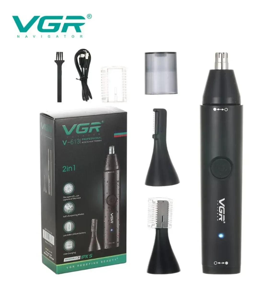 Recortador de vello facial negro VGR 2 en 1 con caja, cabezales intercambiables, cepillo, cable USB y tapa protectora sobre fondo blanco.