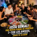 Juego de mesa Parchís Juerga de neopreno sobre mesa negra, rodeado por cinco amigos sonrientes compartiendo bebidas y bocadillos en una reunión.