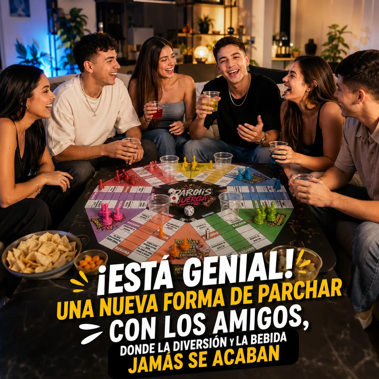 Juego de mesa Parchís Juerga de neopreno sobre mesa negra, rodeado por cinco amigos sonrientes compartiendo bebidas y bocadillos en una reunión.