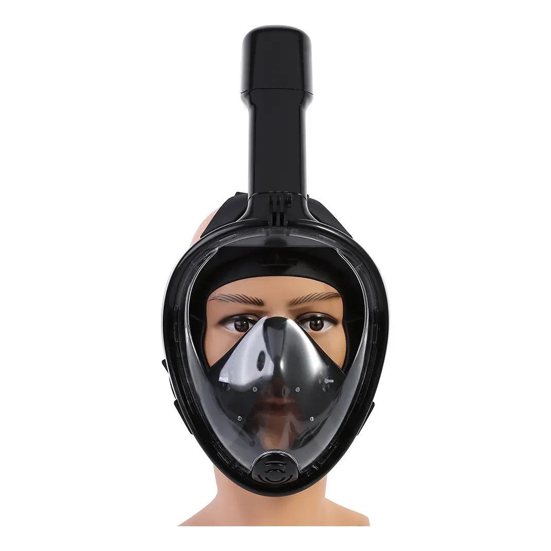 Máscara de buceo de cara completa negra con visor panorámico transparente, tubo de respiración y soporte para cámara, vista frontal sobre maniquí.