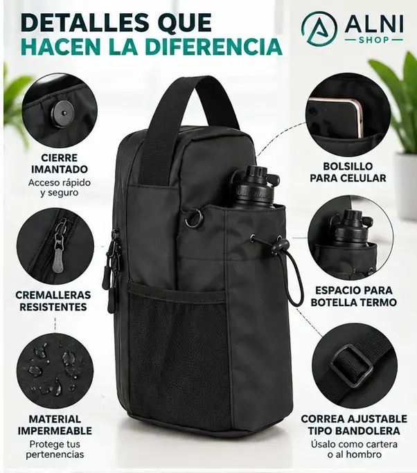 Bolso deportivo negro impermeable con portabotella, bolsillo para celular, cierre imantado y correa ajustable tipo bandolera.