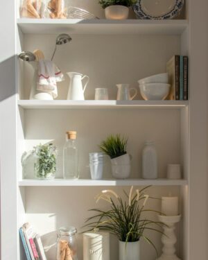Estante blanco con jarrones, tazones y una planta pequena