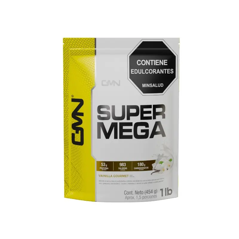 Empaque flexible de 1 lb (454 g) de suplemento Super Mega Gainer en color blanco con diseño lateral amarillo, sabor vainilla gourmet y sello de edulcorantes.