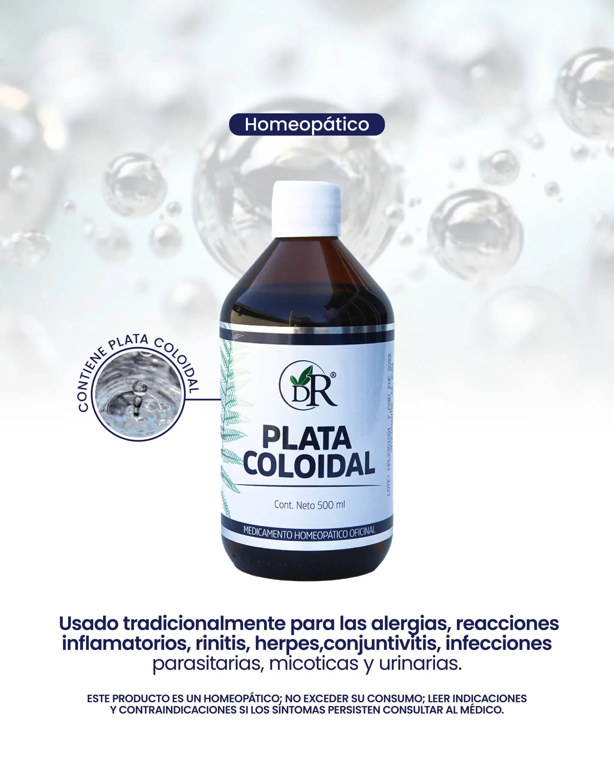 Frasco ámbar de quinientos mililitros de plata coloidal homeopática con etiqueta blanca y detalles en verde sobre fondo de burbujas.