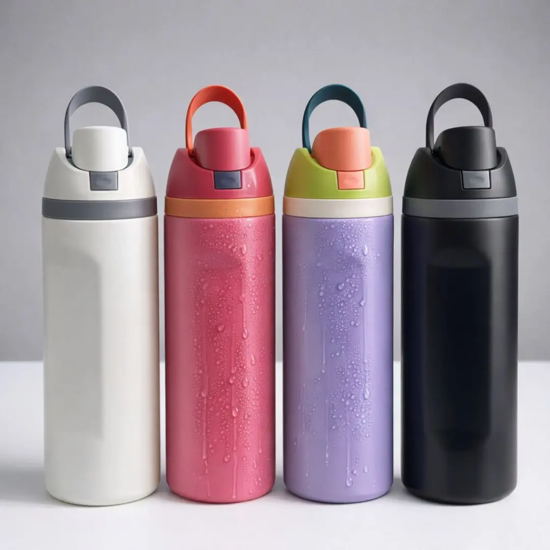 Cuatro termos deportivos de acero inoxidable con tapa abatible y asa, en colores blanco, rosa con condensación, lila con gotas y negro mate, alineados sobre superficie blanca.