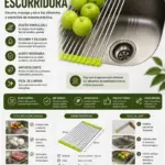 Escurridor de platos enrollable de acero inoxidable sobre el fregadero con frutas y verduras
