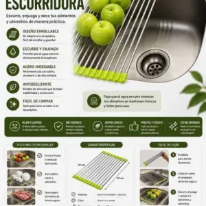 Escurridor de platos enrollable de acero inoxidable sobre el fregadero con frutas y verduras