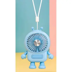 Mini ventilador facial portátil azul con diseño de robot y cordón para el cuello