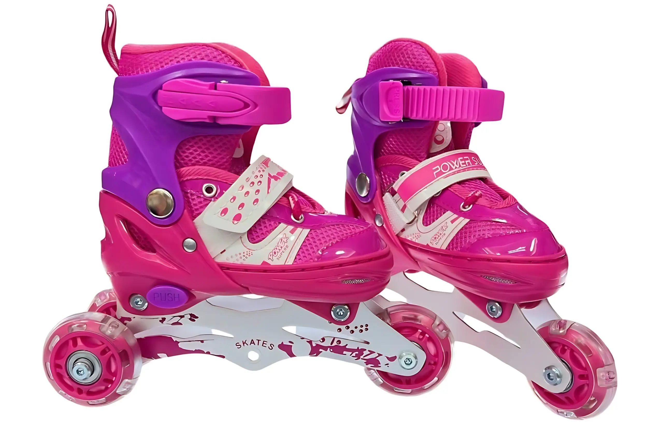 Par de patines en línea ajustables fucsia y morados con estructura blanca, ruedas transparentes con centro rosa y cierres de hebilla y velcro.