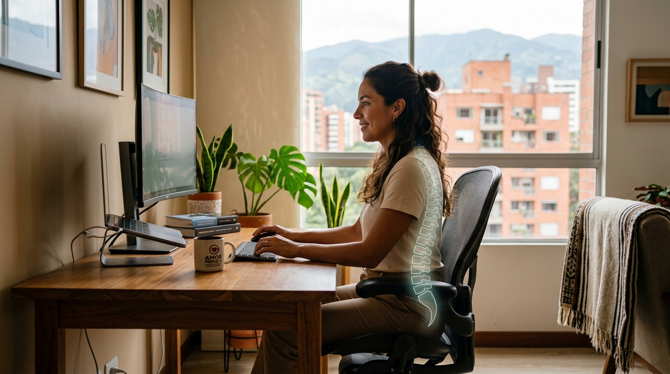 Mujer colombiana trabajando con postura ergonómica y soporte de columna lumbar en oficina