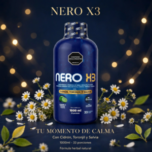 Frasco azul de suplemento líquido natural Nero X3 de 1000 ml con extractos de cidrón, toronquil y salvia, rodeado de flores de manzanilla.