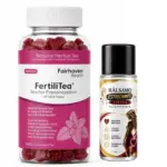 Frasco de 3 oz con té de hierbas para fertilidad y frasco de 8 ml de bálsamo íntimo estrechante sobre fondo blanco.