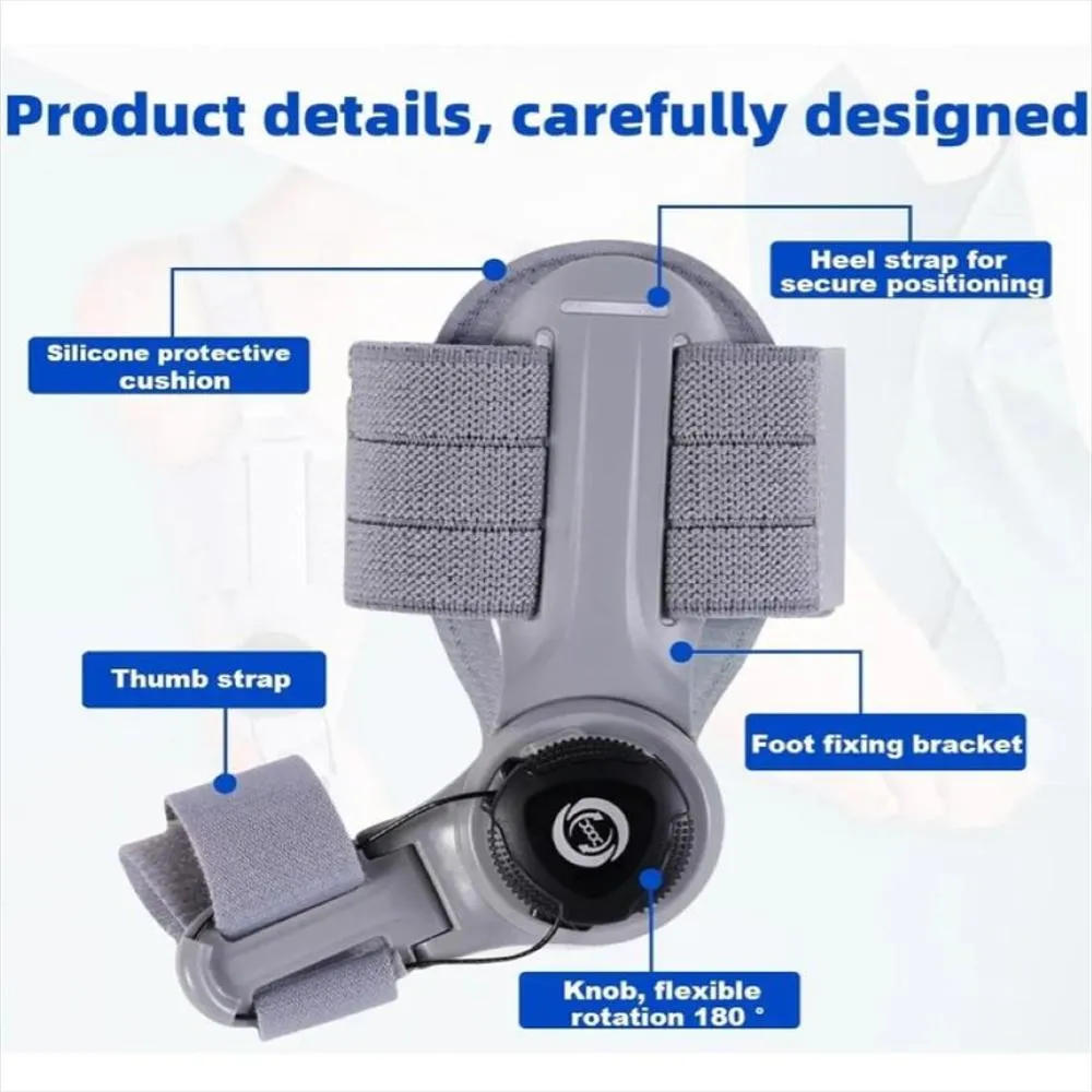Corrector de juanete gris con perilla de ajuste de 180 grados, soporte rígido, correas elásticas de sujeción y almohadilla de silicona protectora.