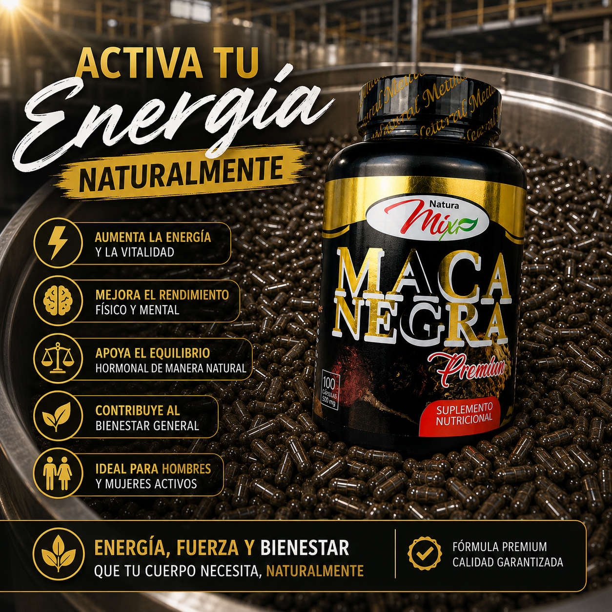 Frasco negro de suplemento Natura Mix Maca Negra Premium rodeado de cápsulas café oscuro en un recipiente metálico, para energía y vitalidad.