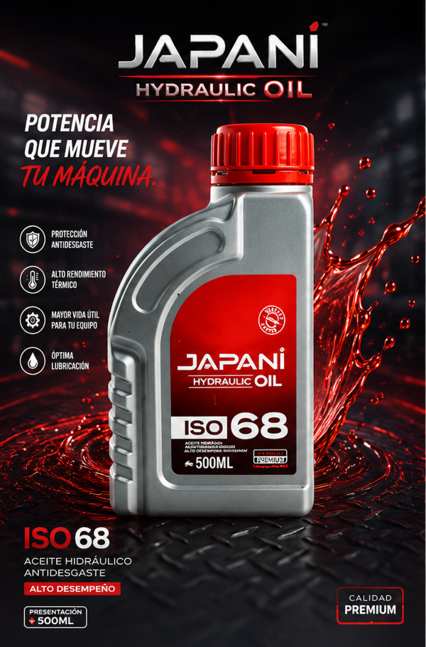 Aceite hidráulico antidesgaste Japani ISO 68 en envase de 500ml gris con tapa roja, con salpicaduras de aceite rojo sobre fondo oscuro.