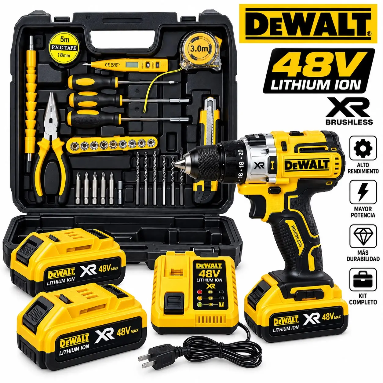 Kit de taladro inalámbrico amarillo y negro de 48V con dos baterías, cargador, maletín negro y herramientas manuales y accesorios incluidos.