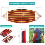 Hamaca multicolor de lona resistente con barras de madera, 285 cm de largo, incluye bolsa de transporte y cuerdas.
