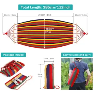 Hamaca multicolor de lona resistente con barras de madera, 285 cm de largo, incluye bolsa de transporte y cuerdas.