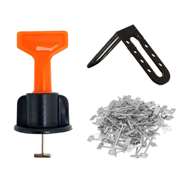 Kit de nivelación de baldosas con llave ajustable naranja, llave angular metálica negra y bolsa de pasadores metálicos plateados para pisos y paredes.