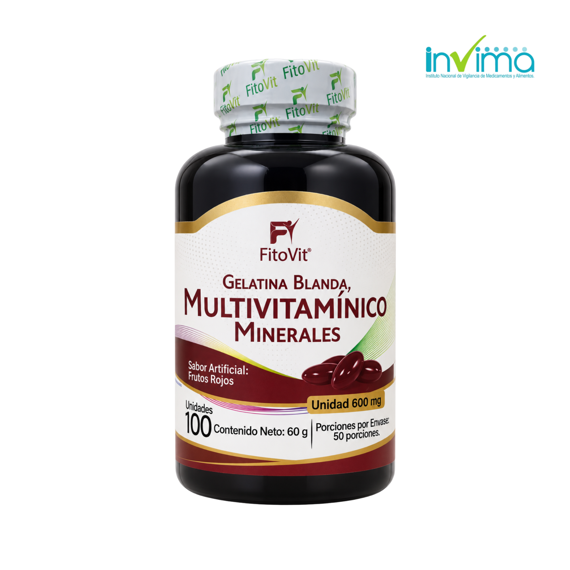 Frasco negro de multivitaminico Fitovit con 100 capsulas blandas de gelatina sabor frutos rojos de 60 gramos y sello Invima
