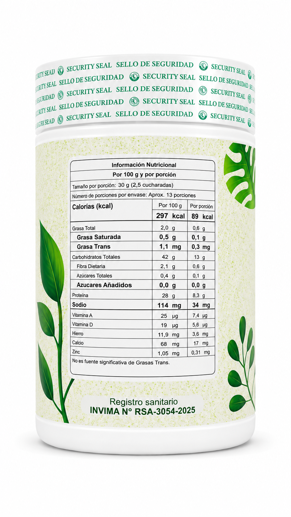 Envase blanco de Disgreen Clorofila X400G con etiqueta verde, diseño de hojas y tabla de información nutricional visible.