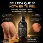Aceite anticelulitis M3 Naturals de 240 ml con colágeno y células madre, junto a una comparativa de piel con y sin celulitis para mostrar resultados.