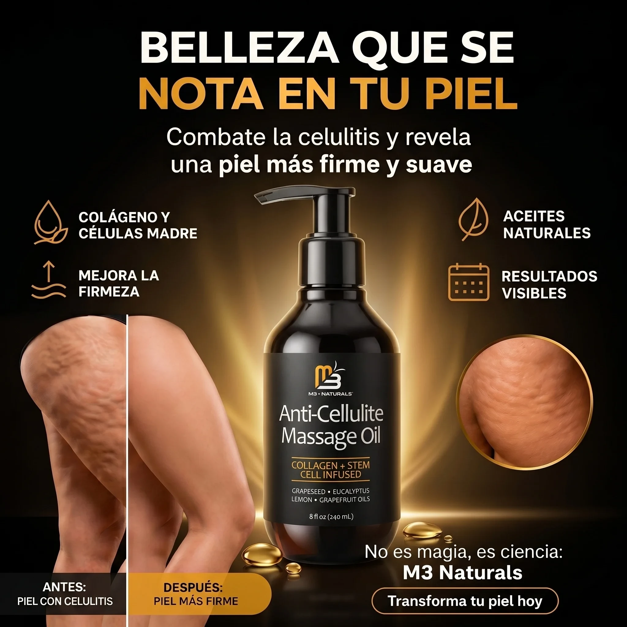 Aceite anticelulitis M3 Naturals de 240 ml con colágeno y células madre, junto a una comparativa de piel con y sin celulitis para mostrar resultados.