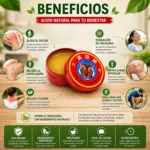 Bálsamo rojo en lata circular abierto junto a su tapa ilustrada con un tigre, rodeado de beneficios naturales para dolores musculares y articulares.