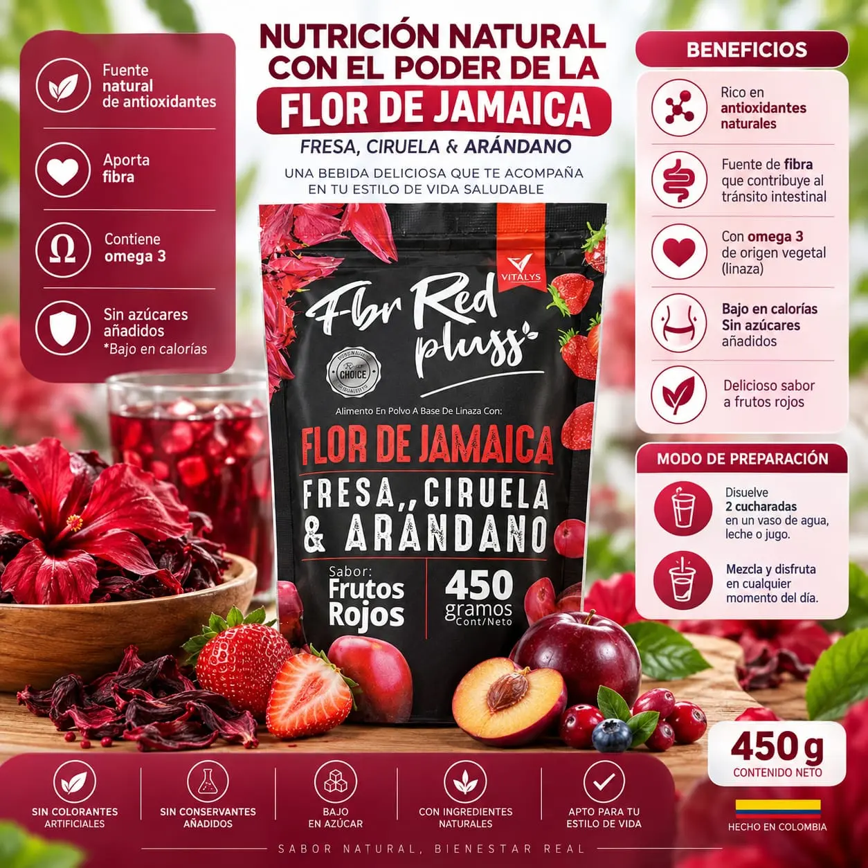Bebida en polvo de linaza y flor de jamaica con sabor a frutos rojos, presentación de 450 gramos, empacada en bolsa negra rodeada de hibisco y fruta fresca.