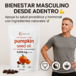 Bolsa de 90 cápsulas de aceite de semilla de calabaza con saw palmetto, 3000 mg por porción, junto a un hombre y tres iconos de salud prostática.
