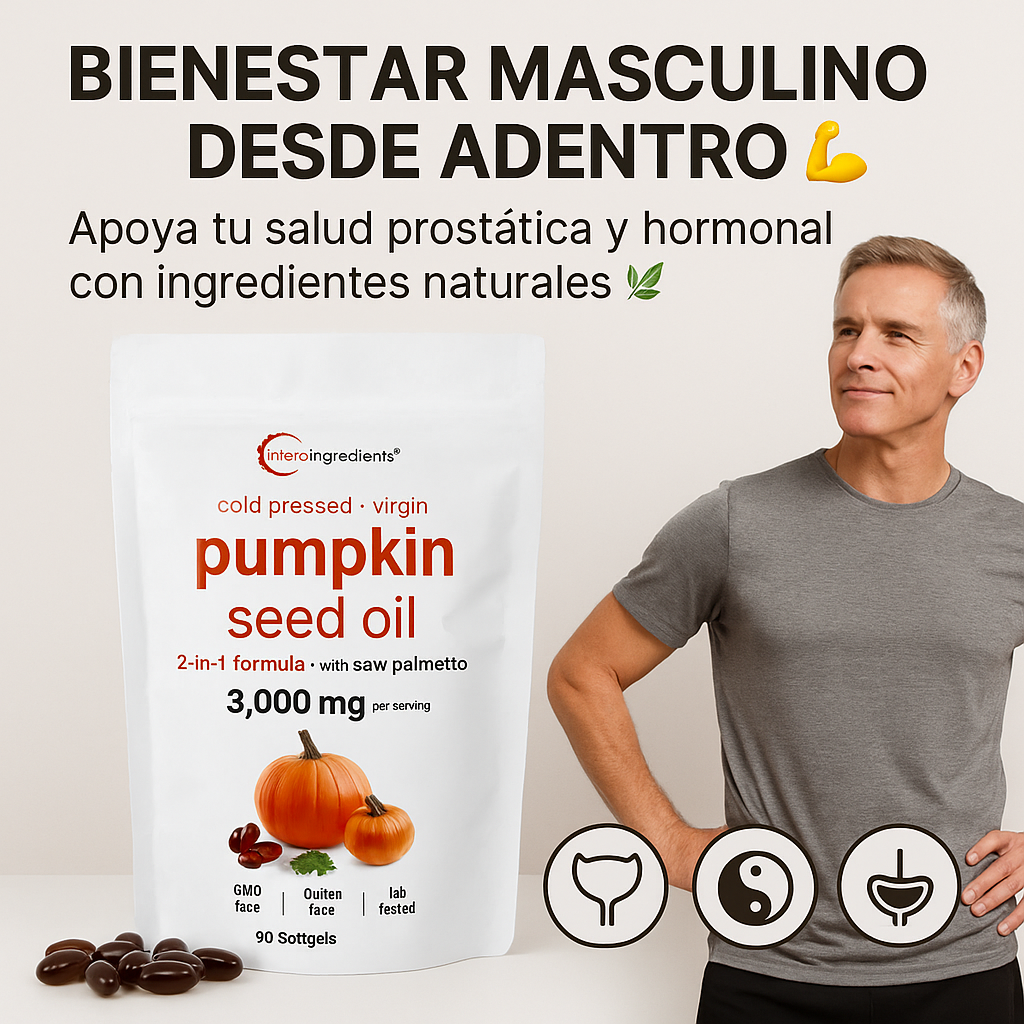 Bolsa de 90 cápsulas de aceite de semilla de calabaza con saw palmetto, 3000 mg por porción, junto a un hombre y tres iconos de salud prostática.