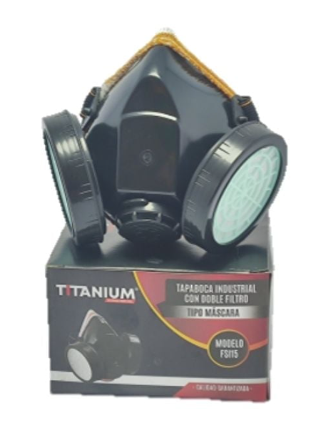 Respirador industrial negro Titanium modelo FS115 con doble filtro, sobre su caja de empaque original.
