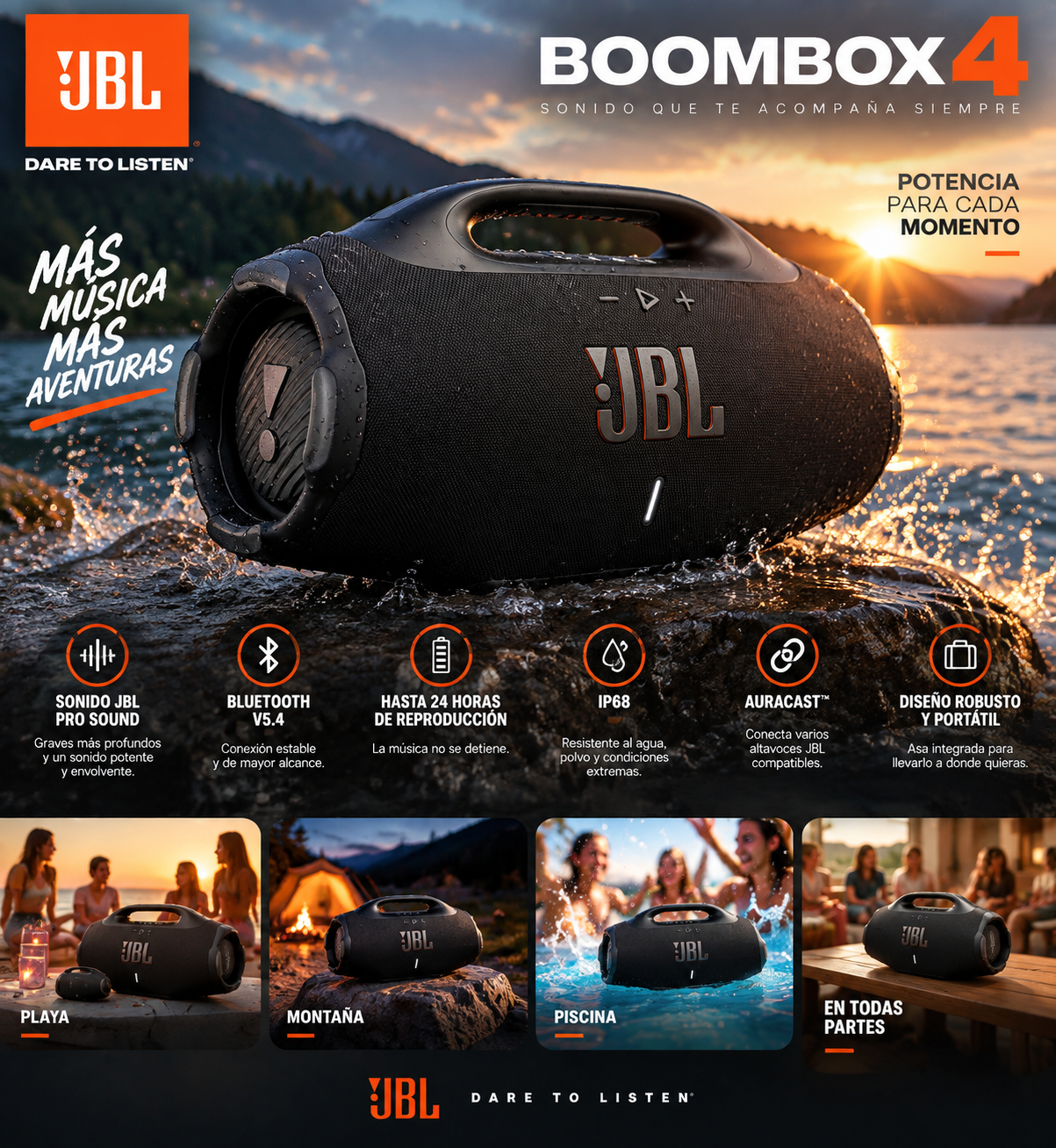 Parlante inalámbrico JBL Boombox 4 negro en superficie rocosa junto al agua, diseño portátil resistente al agua y polvo con asa integrada.