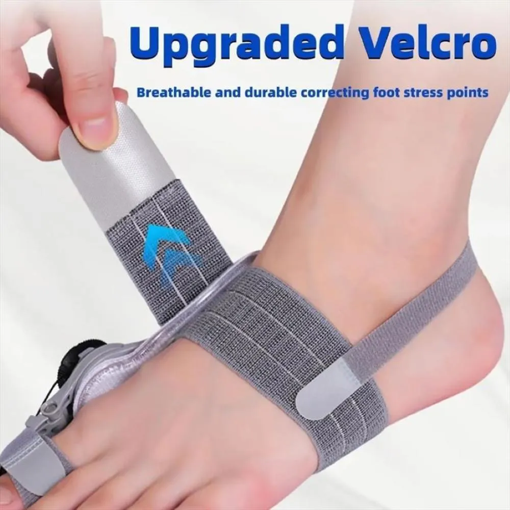 Corrector de juanete gris ajustable en el pie, con correa elástica ancha, soporte lateral rígido y velcro superior.