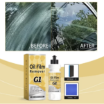 Restaurador de vidrios G1 de 120g, incluye esponja y paño azul para eliminar grasa y marcas de parabrisas, mostrando resultados antes y después.