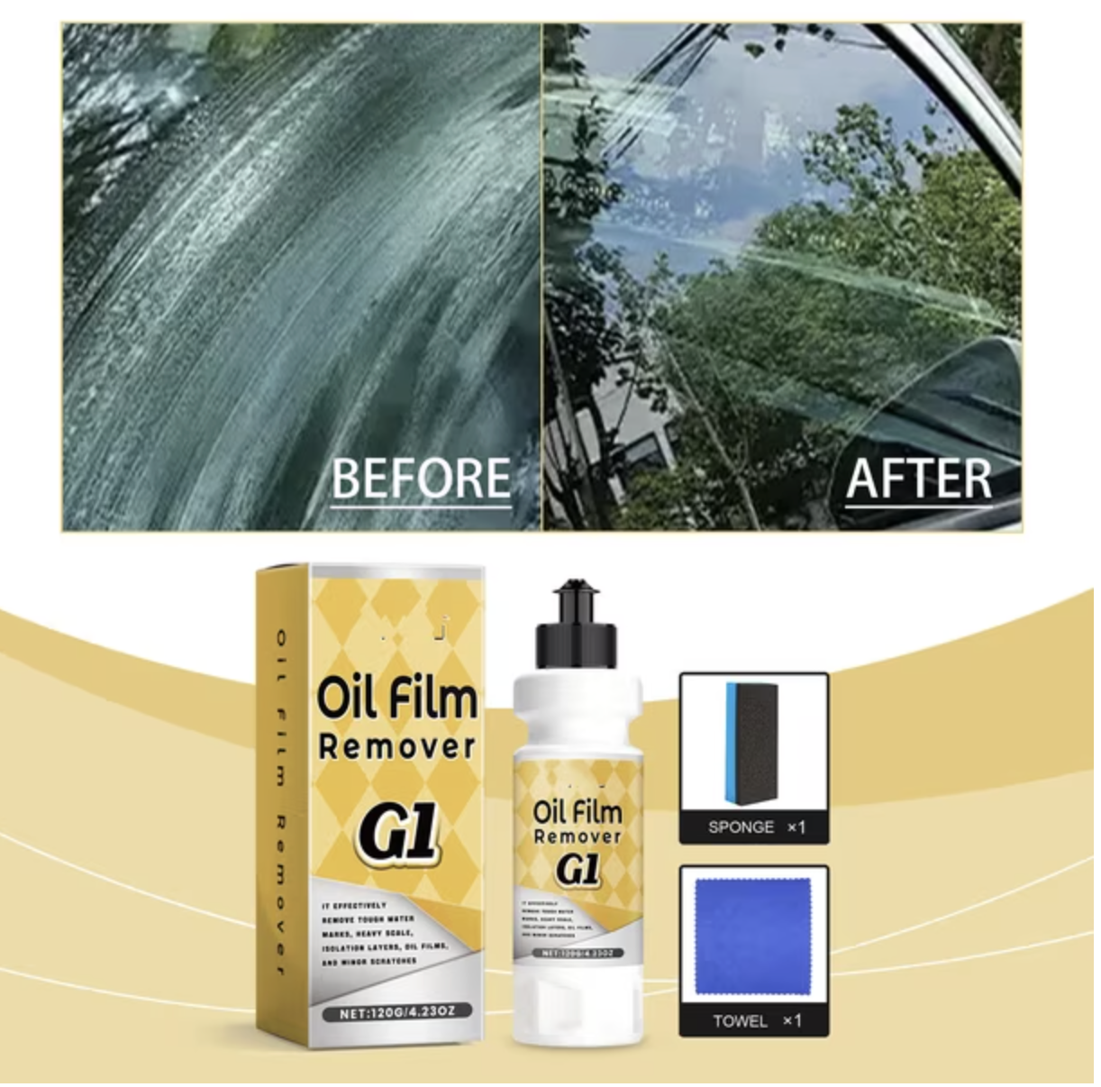 Restaurador de vidrios G1 de 120g, incluye esponja y paño azul para eliminar grasa y marcas de parabrisas, mostrando resultados antes y después.