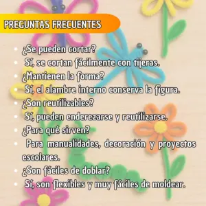 Limpiapipas flexibles de colores sobre fondo de madera, doblados en formas de flores, mariposas y oruga para manualidades escolares.