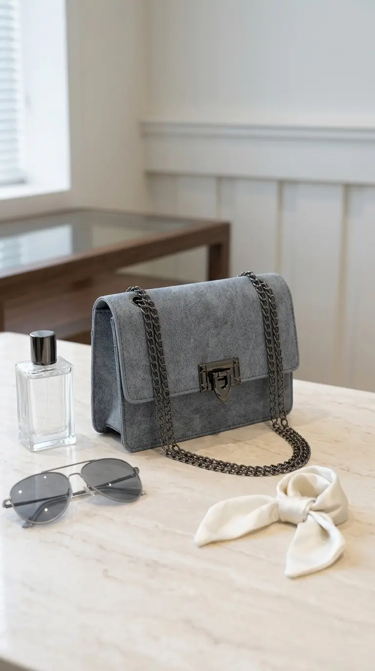 Bolso de mano gris con textura de gamuza, cierre metálico y correa de cadena, sobre mesa de mármol con perfume, gafas y pañuelo blanco.