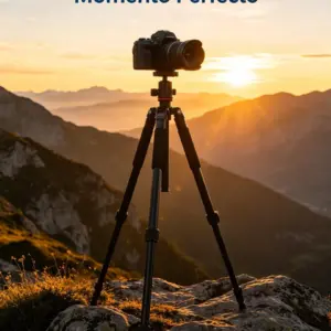 Trípode de aluminio negro con cámara profesional montada sobre rocas en una montaña durante el atardecer para fotografía de paisajes.