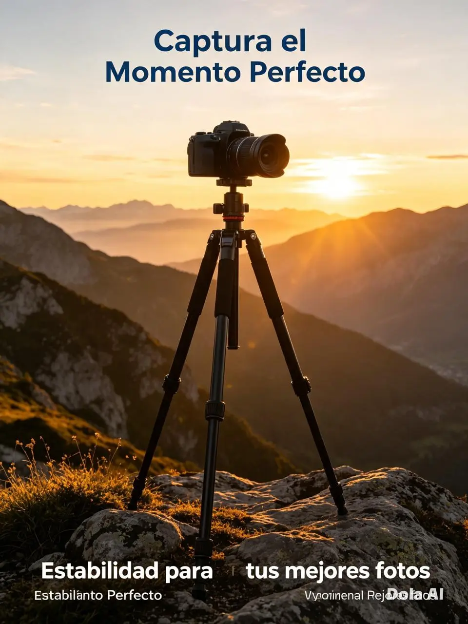 Trípode de aluminio negro con cámara profesional montada sobre rocas en una montaña durante el atardecer para fotografía de paisajes.