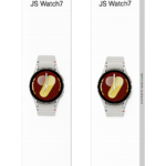 Dos empaques blancos del Smart Watch JS7 con diseño de reloj deportivo de correa blanca y esfera colorida sobre fondo oscuro