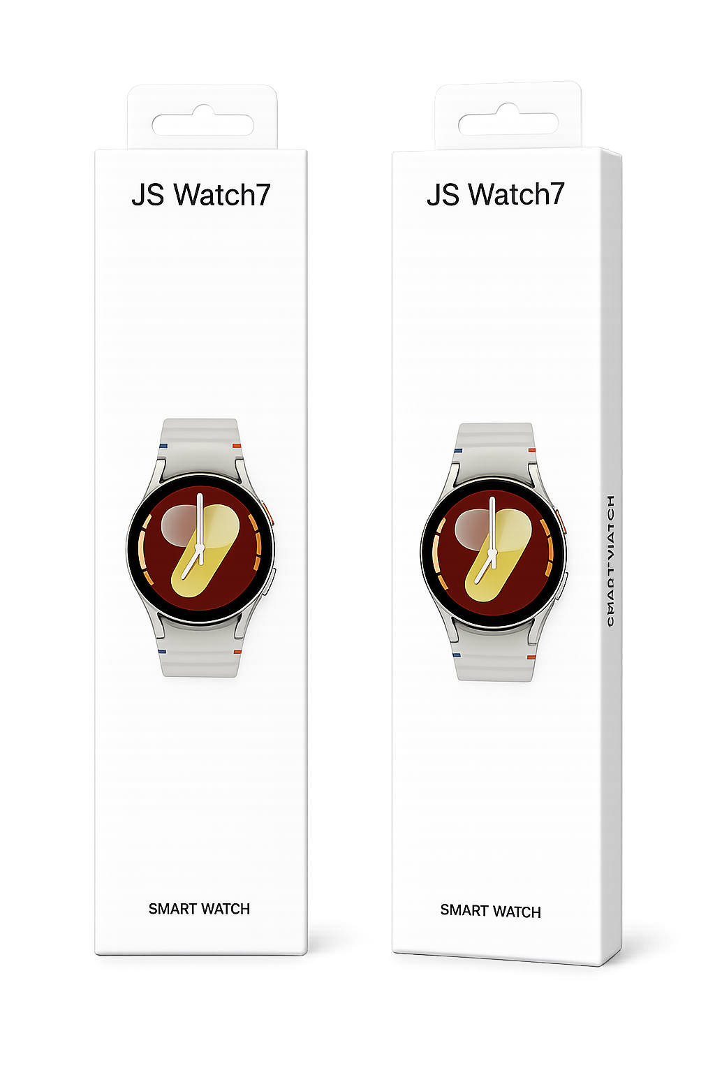 Dos empaques blancos del Smart Watch JS7 con diseño de reloj deportivo de correa blanca y esfera colorida sobre fondo oscuro