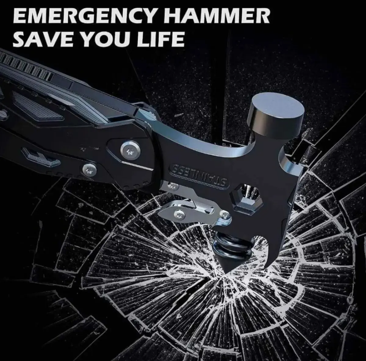 Martillo multiherramientas negro de acero inoxidable rompiendo un vidrio de seguridad en primer plano.