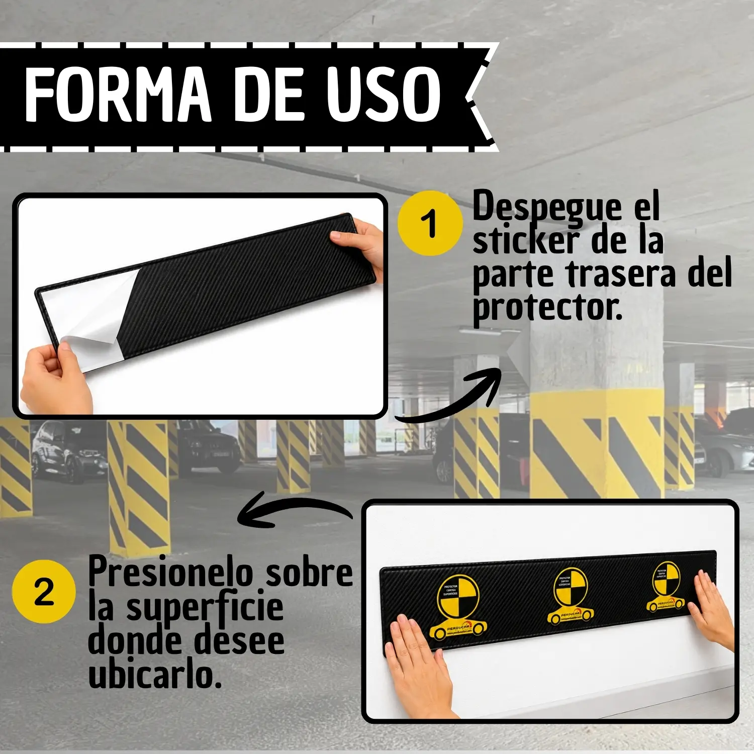 Protector de pared adhesivo para garaje, color negro con textura de fibra de carbono. Instrucciones de uso: despegar el respaldo y presionar en la pared.