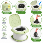 Bacinilla portátil plegable verde de diseño osito con bolsa desechable, ideal para viajes e higiene infantil, mostrando instrucciones paso a paso.